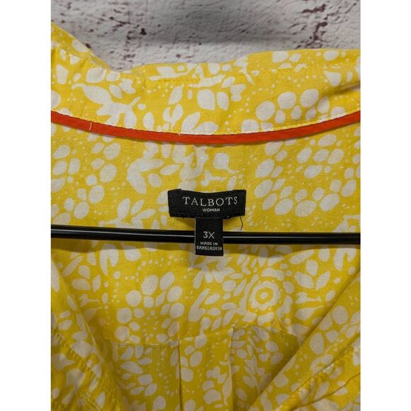 Talbots Top Womens Plus 3X Yellow Floral Roll tab Sleeve‎ Button Up Artsy Blouse - Picture 2 of 8